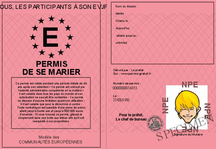 Gage #46 (et défi) : délivrer un permis de se marier pour un EVJF et un EVG Délivrer un permis de se marier à la future mariée lors de son EVJF