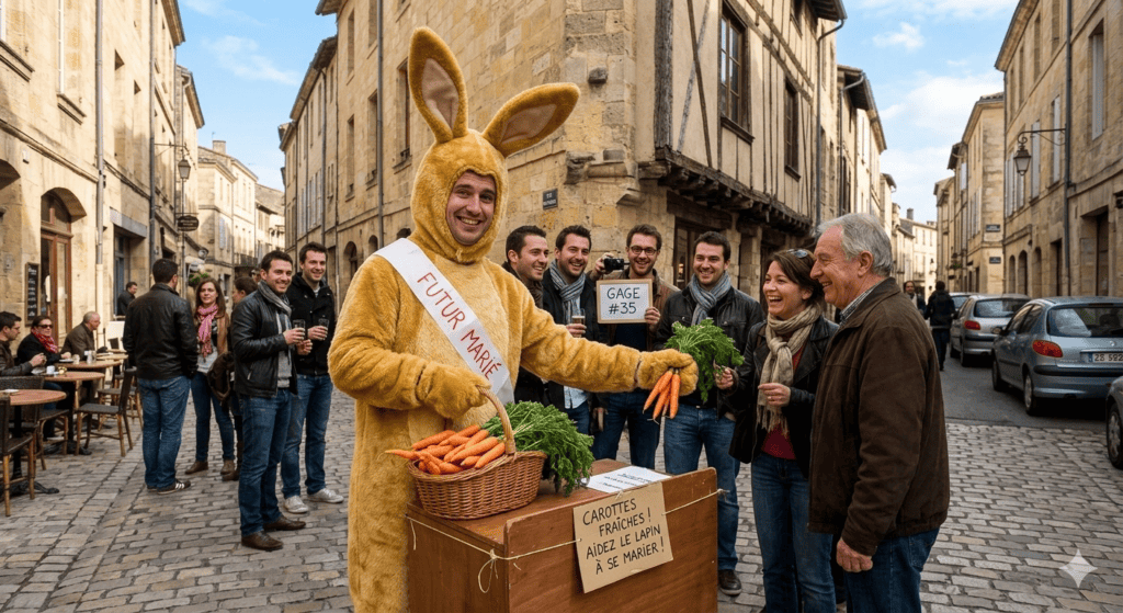Futur marié déguisé en lapin géant vendant des carottes fraîches aux passants dans une rue commerçante lors de son enterrement de vie de garçon.