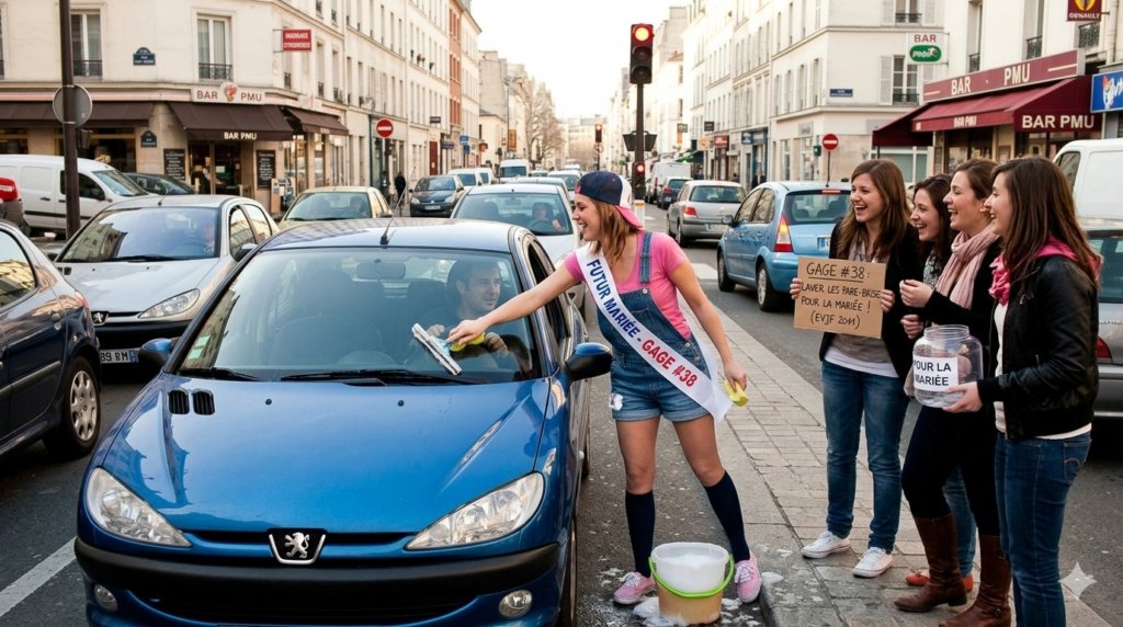 Future mariée déguisée en 'mécanicienne sexy' nettoyant un pare-brise de voiture à un feu rouge en 2011 lors de son EVJF, tenant une éponge et un seau.