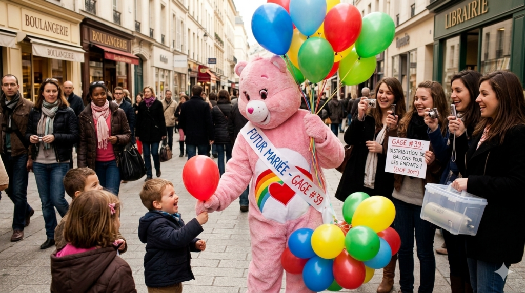 Future mariée déguisée en Bisounours rose avec l'arc-en-ciel sur le ventre distribuant des ballons à l'hélium à des enfants dans une rue commerçante en 2011 lors de son EVJF.
