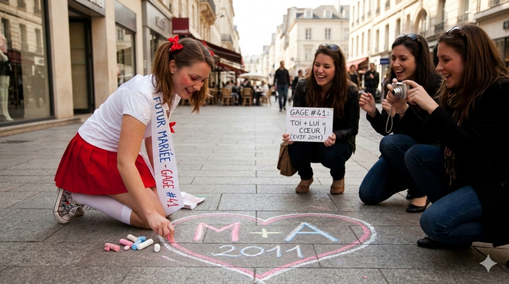 Future mariée déguisée en petite écolière avec couettes, dessinant un cœur à la craie sur le goudron en 2011 lors de son EVJF.