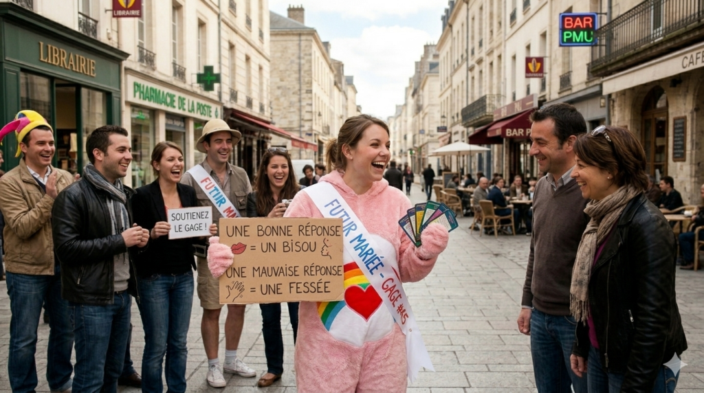 Future mariée avec un déguisement de bisounours et un panneau 'Bonne réponse=Bisou' interrogeant un passant dans la rue pour son EVJF, tenant un plumeau.