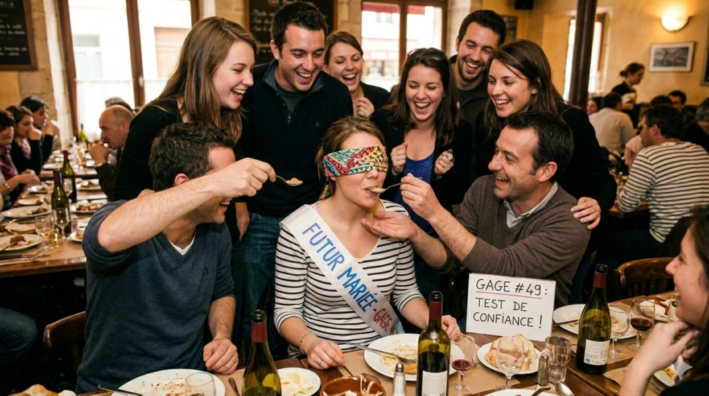 Future mariée avec les yeux bandés dégustant une bouchée mystère servie par ses amis lors de son EVJF en 2014, dans un restaurant, avec des amis qui rient.